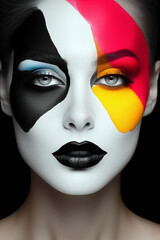 Close-up portrait of a girl of model appearance, close-up face, black lipstick, face painted in areas with paints of different colors, colorful makeup