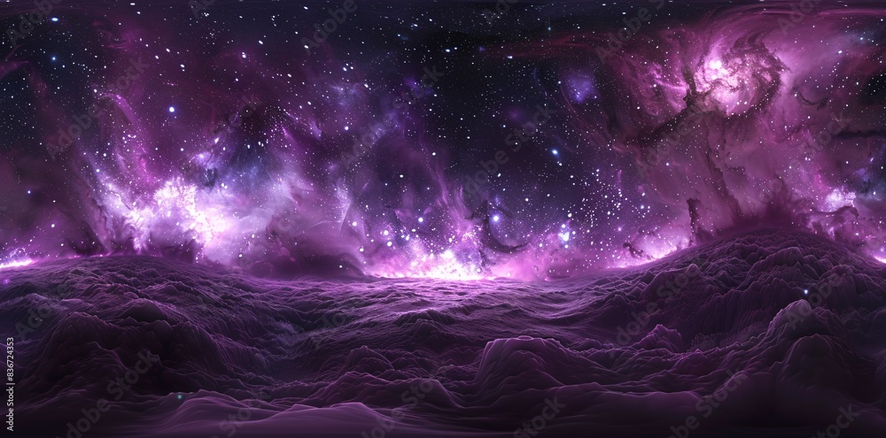 Wall mural cosmic dreamscape: hyper realistic 360 equirectangular projection of purple nebulae and stars on bla