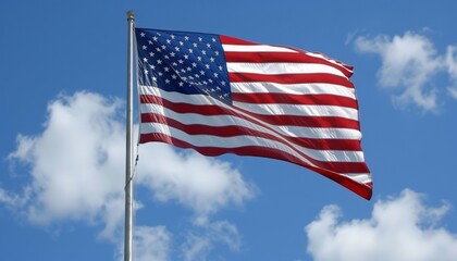 Obraz premium Flag of United States of America being waved in the breeze against a sky. USA flag