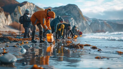 Fototapeta premium Group of people doing a clean-up at a local beach.