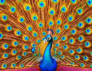 Fototapeta premium Vibrant Peacock with Fully Spread Feathers on Colorful Abstract Background