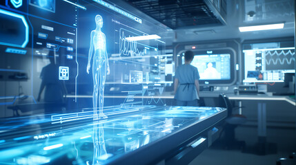 holographic medical table with digital data and an AI interface, showcasing the integration of technology in the analysis of human anatomy for future medicine in a futuristic lab environment