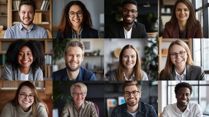 Virtual Team of Diverse Professionals Smiling and Collaborating in Online Meeting with Home Office Backgrounds