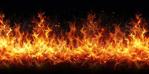 Fire flames and sparks with horizontal repetition on dark background for digital design