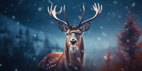 Noble deer in winter forest. Autumn scene with reindeer. Snowy winter christmas landscape