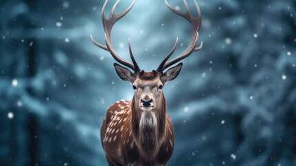 Noble deer in winter forest. Autumn scene with reindeer. Snowy winter christmas landscape