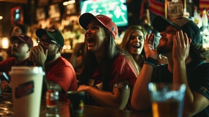 Group of enthusiastic friends wearing hats and jerseys, cheering at a sports bar while watching a game on a big screen.