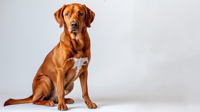 Redbone Coonhound with its glossy red coat, sitting attentively, white background