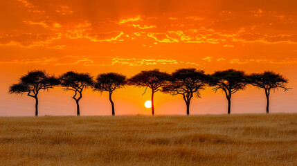 Obraz premium Sunset over the African savannah with acacia trees silhouetted