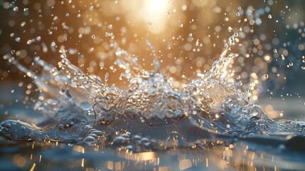 Water hitting the surface in slow motion with the sun reflecting off the droplets.