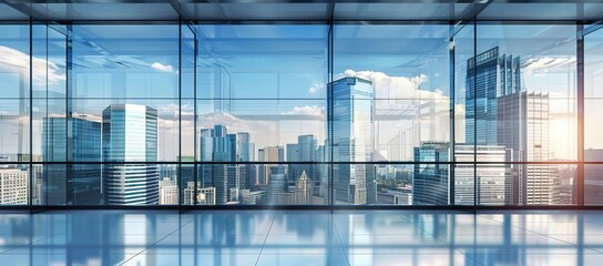 Fototapeta premium Empty modern business office skyscrapers. High-rise buildings in commercial district with blue sky and sunshine. Bright and modern high tech office background