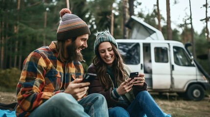 Naklejka premium Couple in beanies enjoying a camping trip, sitting near their van in a forest, looking at their smartphones and smiling.