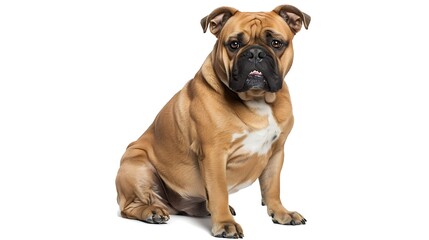Bulldog sitting with a stoic expression and distinctive underbite, white background
