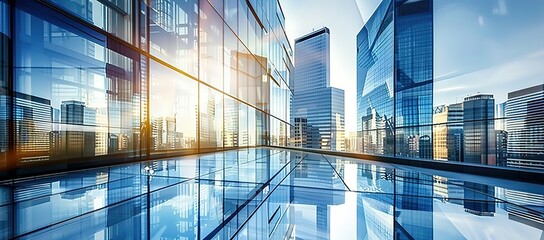 
Empty modern business office skyscrapers. High-rise buildings in commercial district with blue sky and sunshine. Bright and modern high tech office background