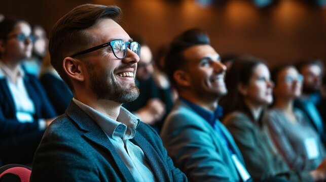 Close-up of diverse audience members smiling and engaged during a conference or seminar.