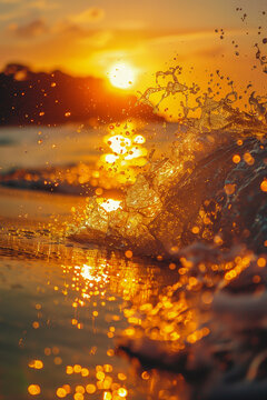 Sunset at the beach with waves crashing against rocks