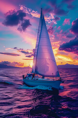 Fototapeta premium Sunset over the ocean with a sailboat in the distance