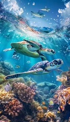 Fototapeta premium Vibrant marine life underwater with turtle and various sea creatures in beautiful ocean environment