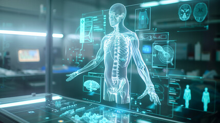 holographic medical table with digital data and an AI interface, showcasing the integration of technology in the analysis of human anatomy for future medicine in a futuristic lab environment