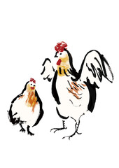 ニワトリの雄鶏と雌鶏の懐かしい田舎風和風手書き筆イラスト