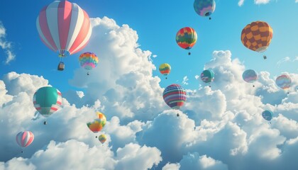 Fototapeta premium Vibrant Aerostats Soaring through the Azure Cloudscape: A Stunning 3D Rendering