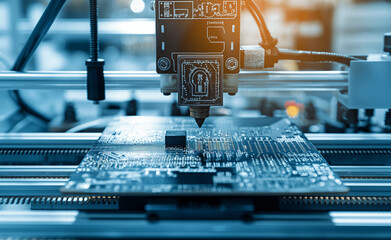 3D printer producing prototypes for electronic gadgets, showing complex internal components being printed layer by layer, with an R&D lab featuring designers and engineers in the background.