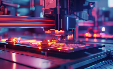 Fototapeta premium 3D printer producing prototypes for electronic gadgets, showing complex internal components being printed layer by layer, with an R&D lab featuring designers and engineers in the background.
