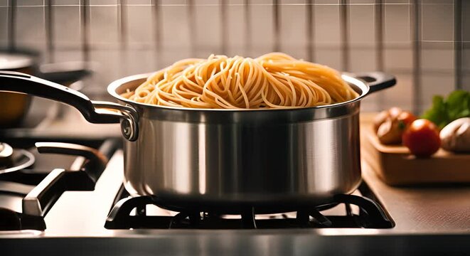 Cooking spaghetti in a pot.