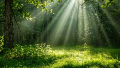 Obraz premium Gorgeous sun rays illuminating the vibrant greenery of a lush forest on a sunny day