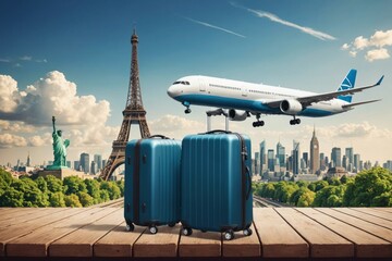 Illustration Travel Concept with Plane, Famous Landmark World, and Traveling luggage