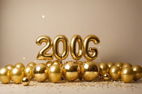 year 2006 golden balloons with gold confetti, on a beige background