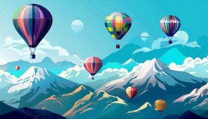 Fototapeta premium Mountainous Magic: Vibrant Balloons Soaring in the Blue Sky