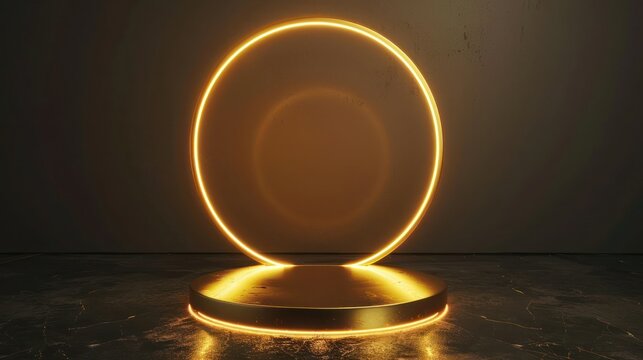 A prestigious gold podium with a sophisticated neon glowing round frame, showcasing corporate branding and products in a polished and investors at corporate events or conferences. 