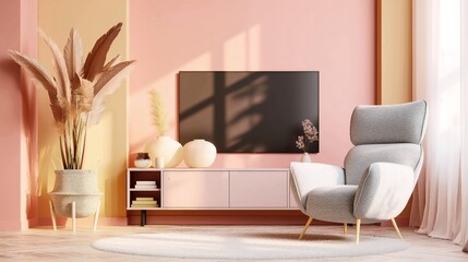 Modern living room with a pastel pink color scheme, featuring a gray armchair, TV on the wall, potted plants, and decorative vases on a wooden console.
