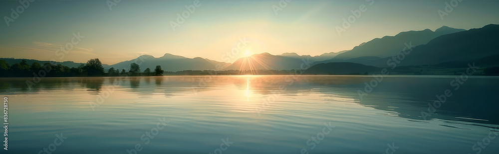 Sticker Breathtaking sunrise over a tranquil,mirror-like lake with a picturesque mountain landscape in the background. The scene is bathed in a warm,golden glow,creating a serene and idyllic atmosphere.