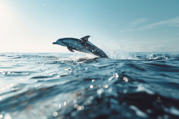 Fototapeta premium Dynamic Shot of Dolphin Leaping Out of Ocean with Water Splashing and Horizon in Background