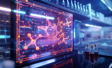 Fototapeta premium Quantum computer being used to optimize financial portfolios, highlighting the quantum processor and complex data visualizations of financial algorithms. The background features a financial research