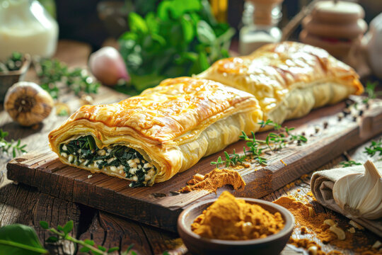 Traditional Monaco Pastry Barbagiuan on Rustic Wooden Board in Mediterranean Kitchen
