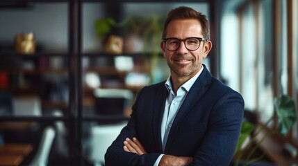Fototapeta premium Confident businessman in a suit and glasses standing with arms crossed in a modern office environment.