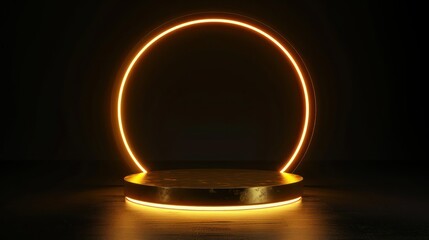 A lavish gold podium with an illuminated neon glowing round frame, highlighting gourmet food and beverage products in a luxurious and upscale presentation, attracting foodies .