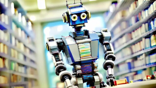Humanoid robot standing in a library, surrounded by books, symbolizing the fusion of artificial intelligence and human knowledge, and the future of learning.. AI Generation