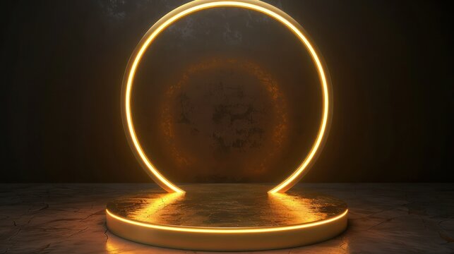 A lavish gold podium with an illuminated neon glowing round frame, highlighting gourmet food and beverage products in a luxurious and upscale presentation, attracting foodies.