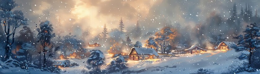 Fototapeta premium Illustrate an aerial perspective of a snowstorm blanketing a rural village