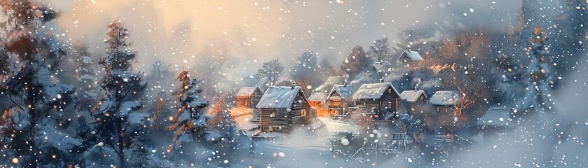 Fototapeta premium Illustrate an aerial perspective of a snowstorm blanketing a rural village
