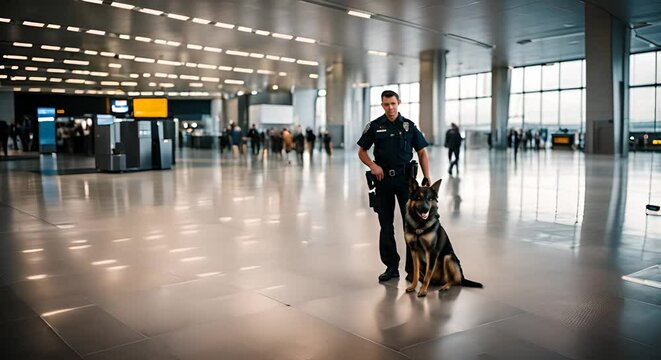 Police dog at the airport next to a policeman.