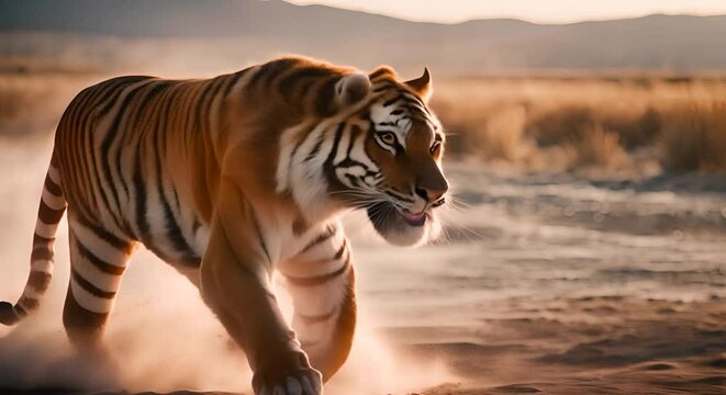 Angry tiger in the savanna.