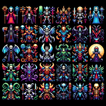 RPG lich kings pixel art icons in a spritesheet