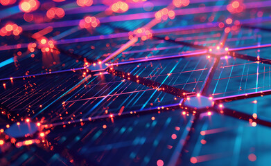 Obraz premium A close-up of interconnected digital panels illuminated with vibrant red and blue lights, representing advanced technology and connectivity.