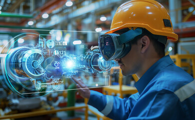 An engineer wearing a hard hat and augmented reality (AR) headset is working on a machine part, with digital schematics overlaying his view in an industrial setting.