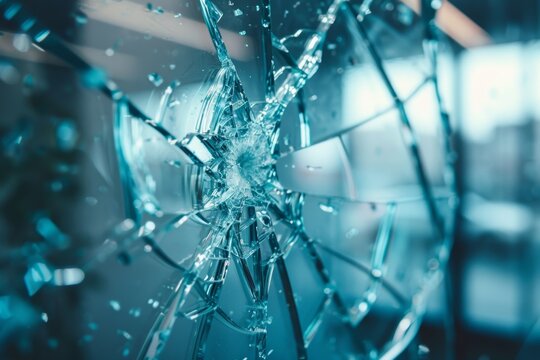 Close-up of shattered office window glass, depicting vandalism or accidental damage concept